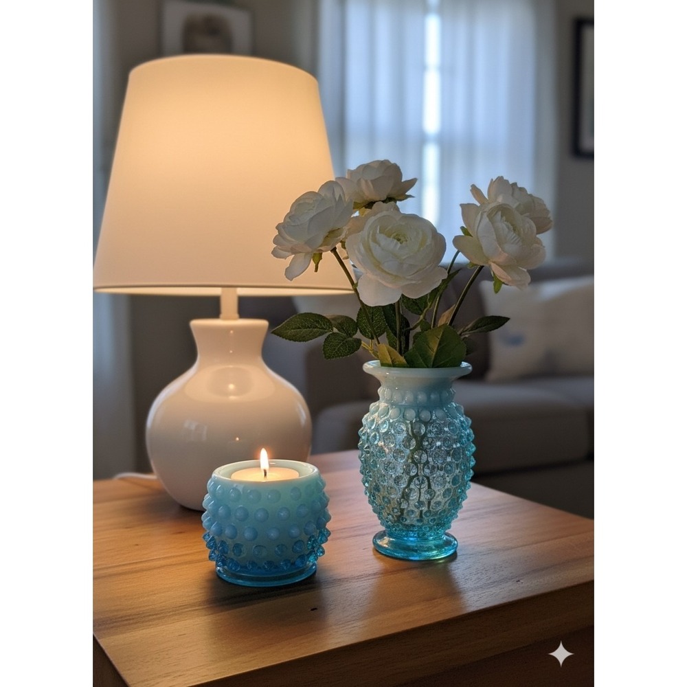 Vtg Uranium Fenton Blue Opalescent Hobnail Bud Vase & Matching Votive Holder
